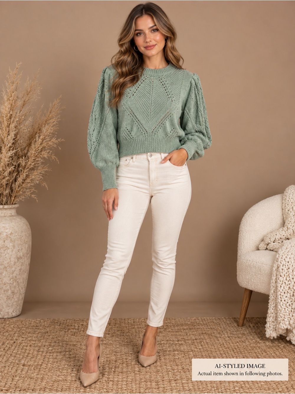 Cynthia Rowley Sage Green Pointelle Knit Crewneck Sweater
